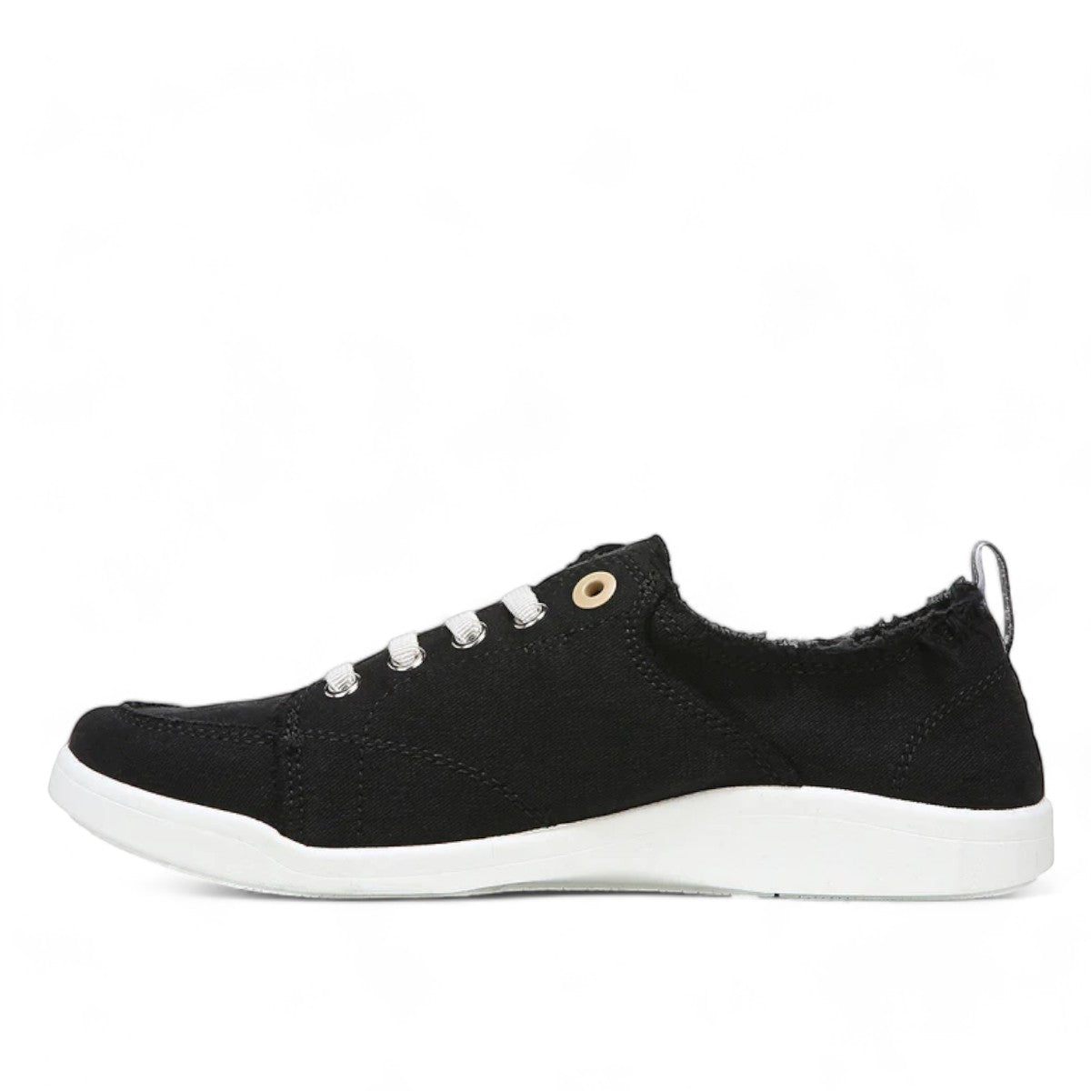 Vionic Venice Pismo black eco-conscious cotton canvas slip-on sneaker with white laces and TPR outsole.
photo of the left side