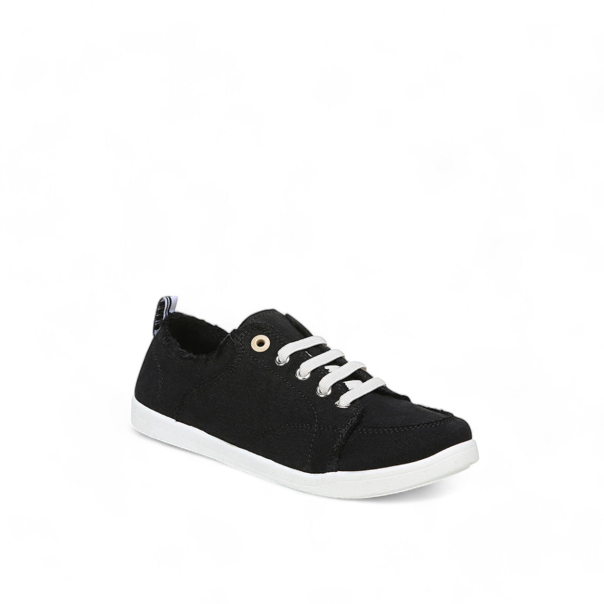 Vionic Venice Pismo black eco-conscious cotton canvas slip-on sneaker with white laces and TPR outsole.
photo of the front side