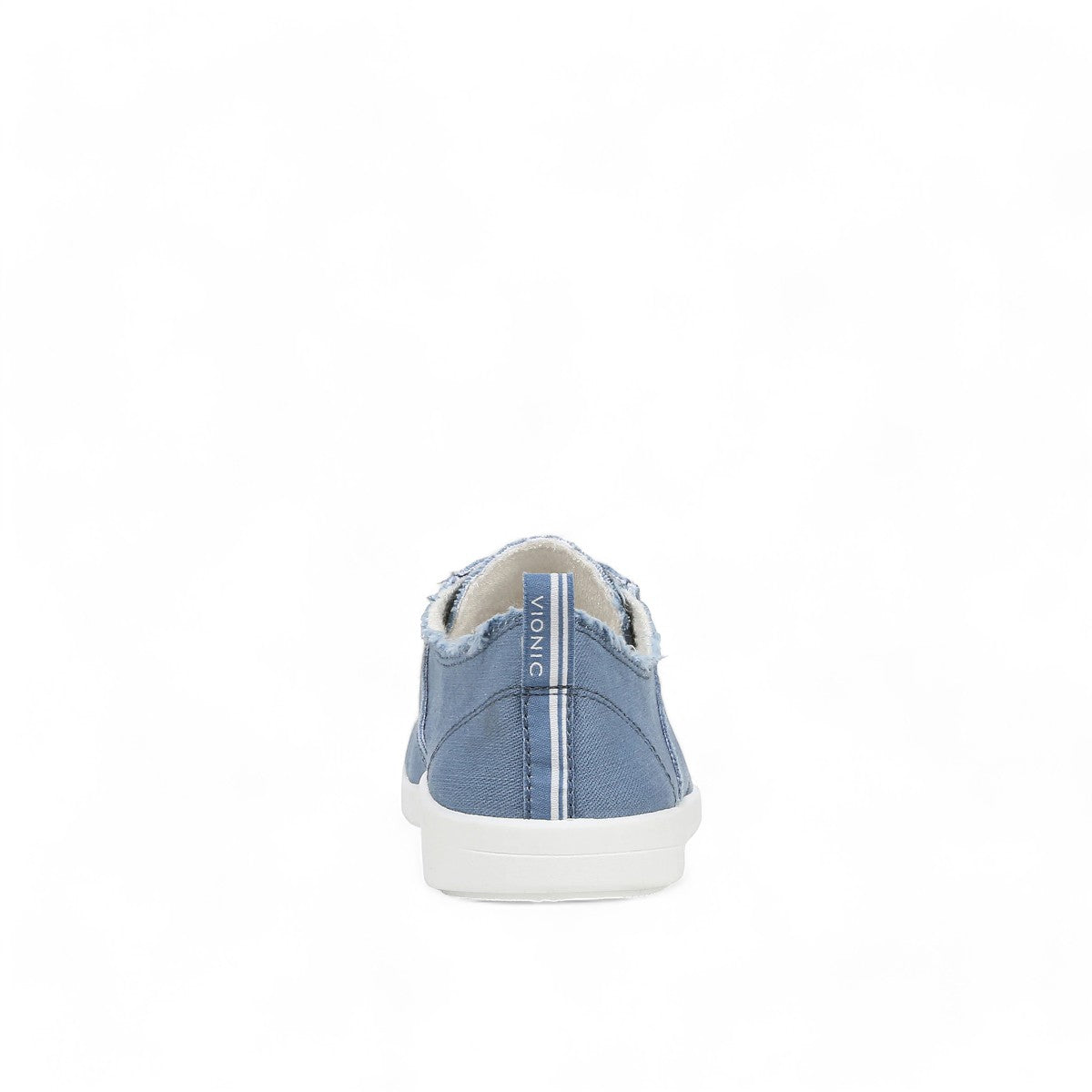 Vionic Venice Pismo skyway blue cotton canvas slip-on sneaker with frayed edges and white TPR outsole.
photo of the back side