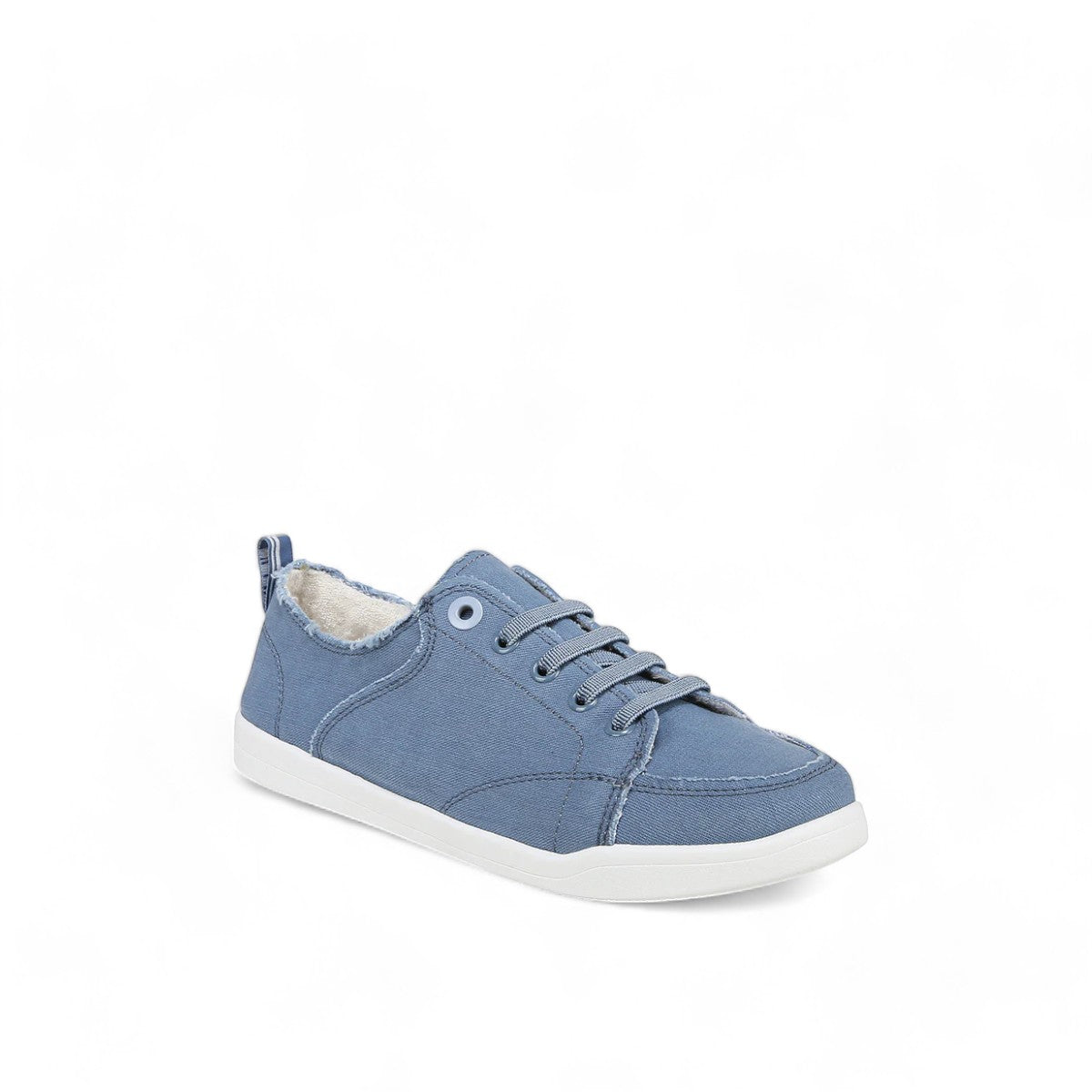 Vionic Venice Pismo skyway blue cotton canvas slip-on sneaker with frayed edges and white TPR outsole.
photo of the front side