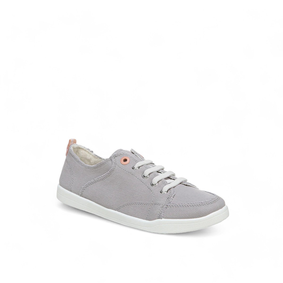Vionic Venice Pismo light grey vegan cotton canvas slip-on sneaker with stretch laces and white sole.
photo of the front side