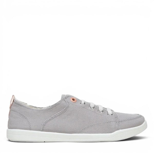 Vionic Venice Pismo light grey vegan cotton canvas slip-on sneaker with stretch laces and white sole.
photo of the right side