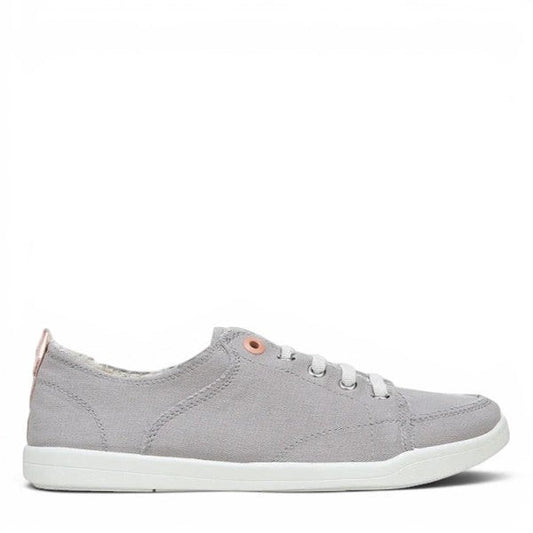 Vionic Venice Pismo light grey vegan cotton canvas slip-on sneaker with stretch laces and white sole.
photo of the right side