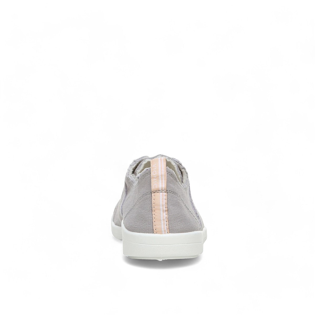 Vionic Venice Pismo light grey vegan cotton canvas slip-on sneaker with stretch laces and white sole.
photo of the back side