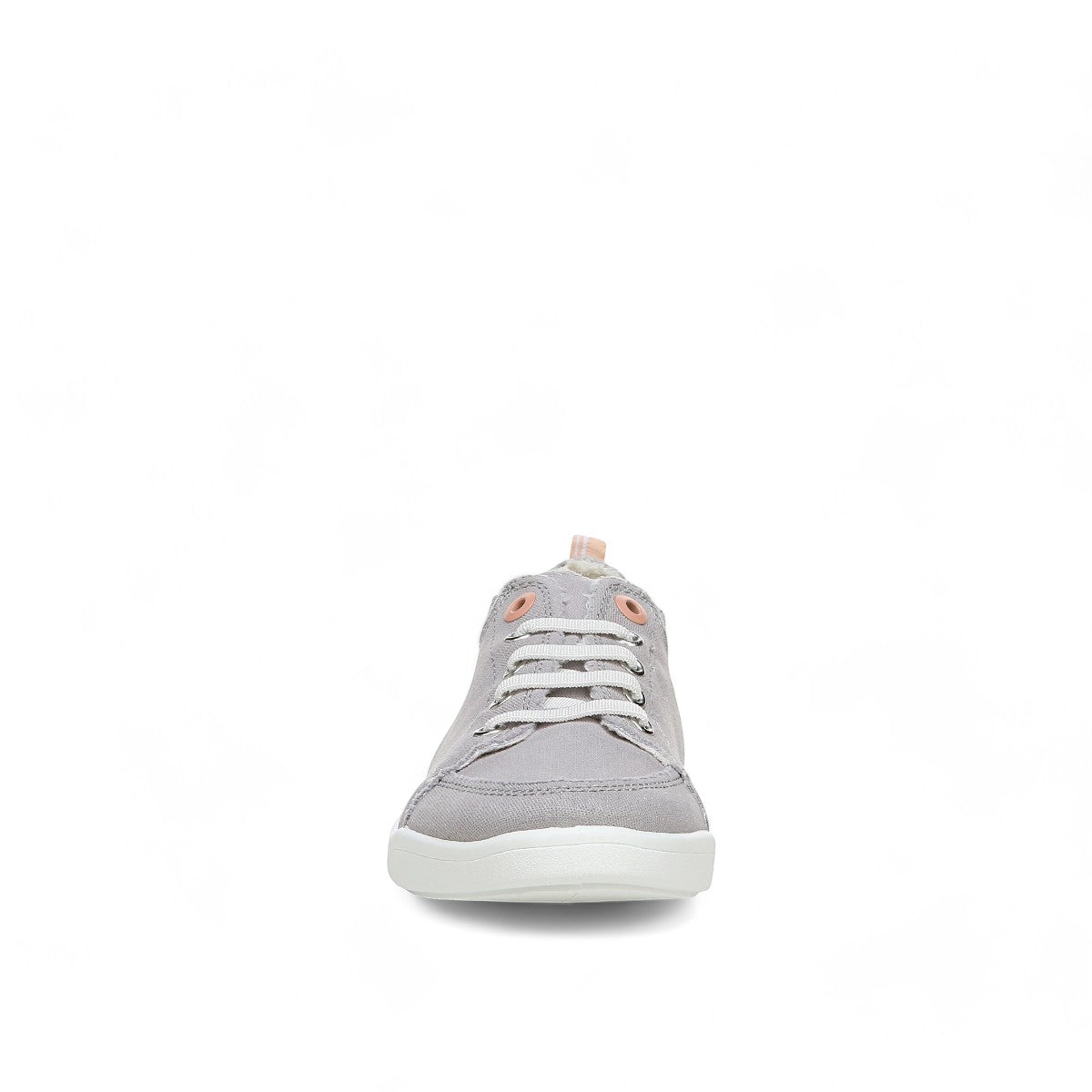 Vionic Venice Pismo light grey vegan cotton canvas slip-on sneaker with stretch laces and white sole.
photo of the front side