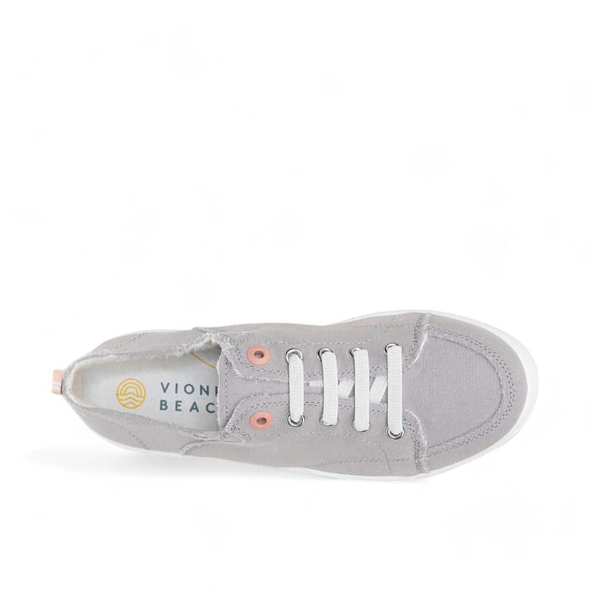Vionic Venice Pismo light grey vegan cotton canvas slip-on sneaker with stretch laces and white sole.
photo of the top side
