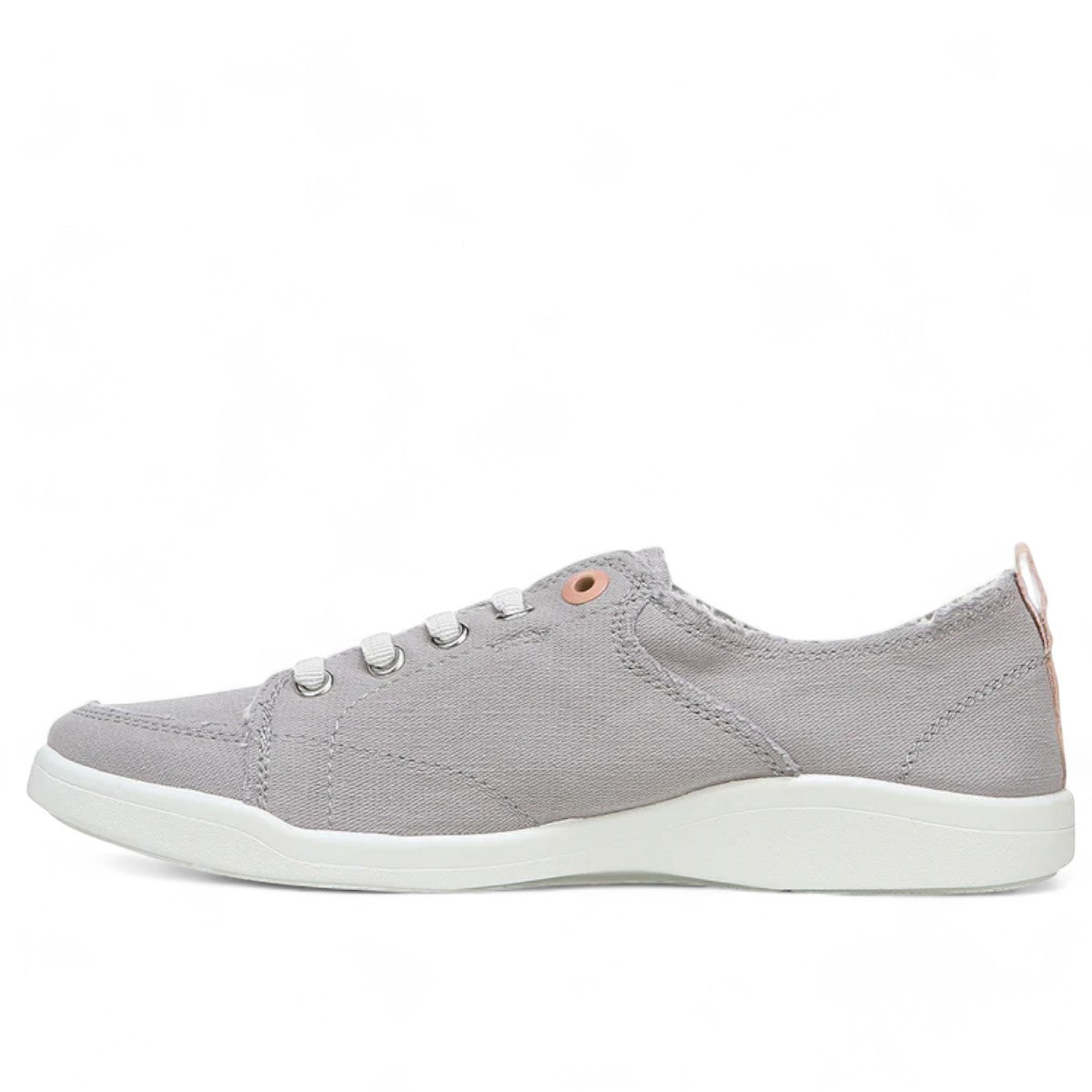 Vionic Venice Pismo light grey vegan cotton canvas slip-on sneaker with stretch laces and white sole.
photo of the left side