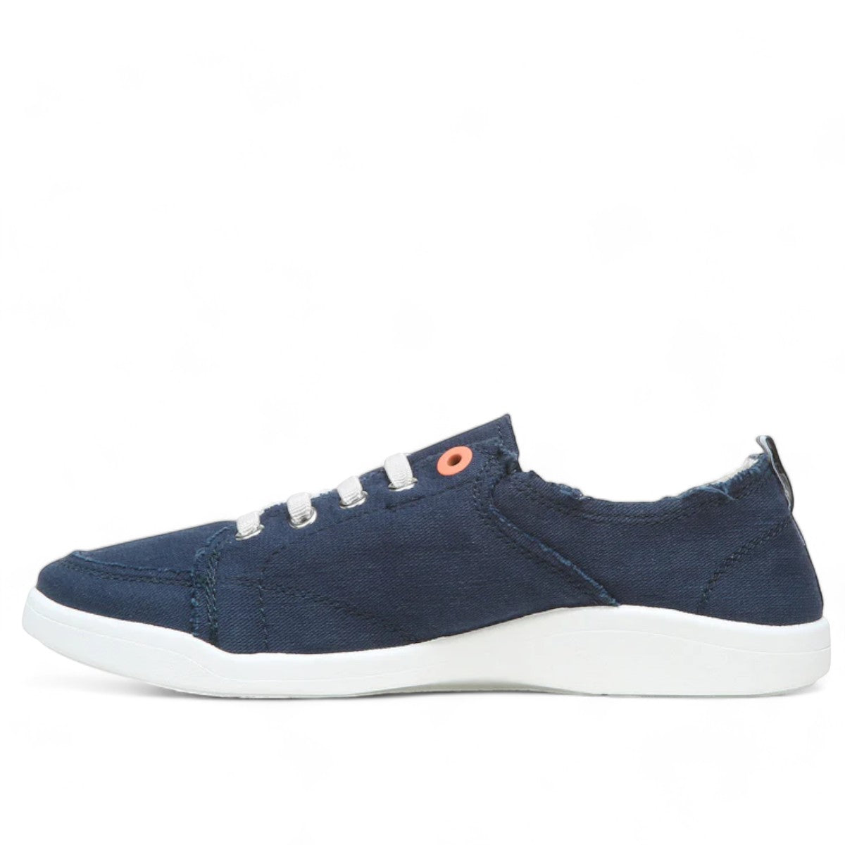Vionic Venice Pismo navy blue cotton canvas slip-on sneaker with frayed edges and white sole.
photo of the left side