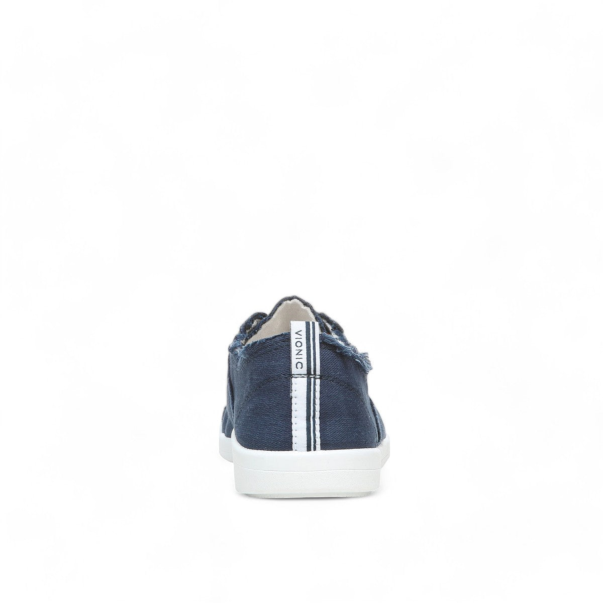 Vionic Venice Pismo navy blue cotton canvas slip-on sneaker with frayed edges and white sole.
photo of the back side