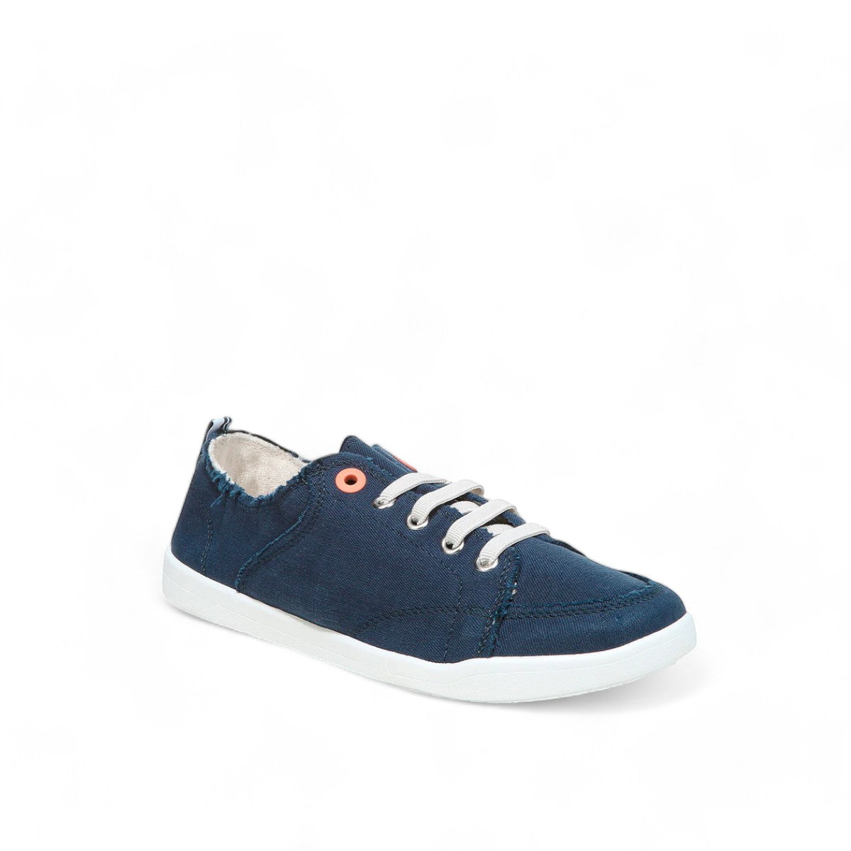Vionic Venice Pismo navy blue cotton canvas slip-on sneaker with frayed edges and white sole.
photo of the front side