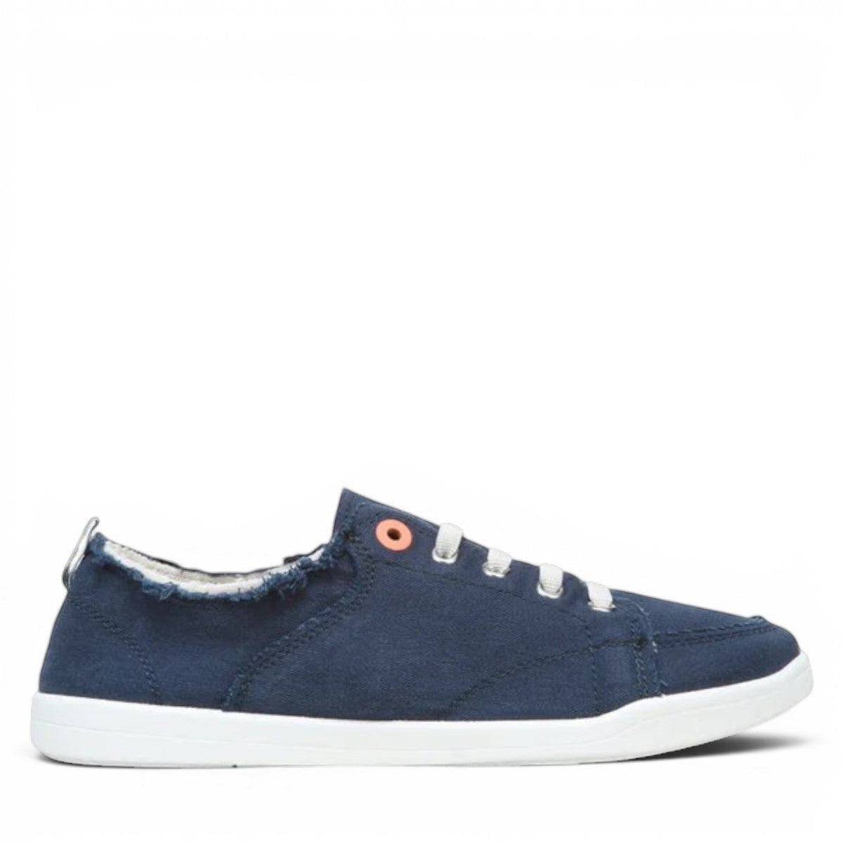 Vionic Venice Pismo navy blue cotton canvas slip-on sneaker with frayed edges and white sole.
photo of the right side