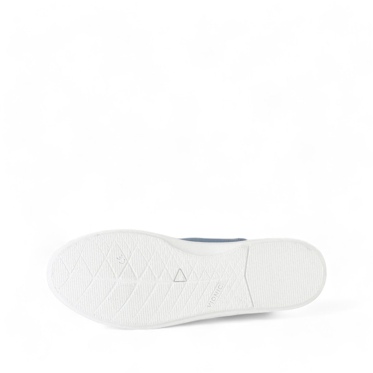 Vionic Venice Pismo skyway blue cotton canvas slip-on sneaker with frayed edges and white TPR outsole.
photo of the bottom side