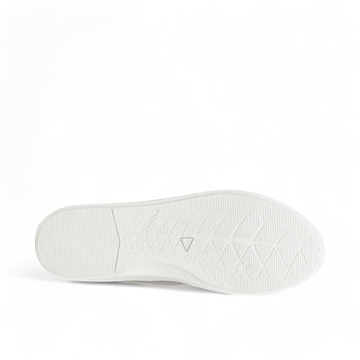 Vionic Venice Pismo light grey vegan cotton canvas slip-on sneaker with stretch laces and white sole.
photo of the bottom side