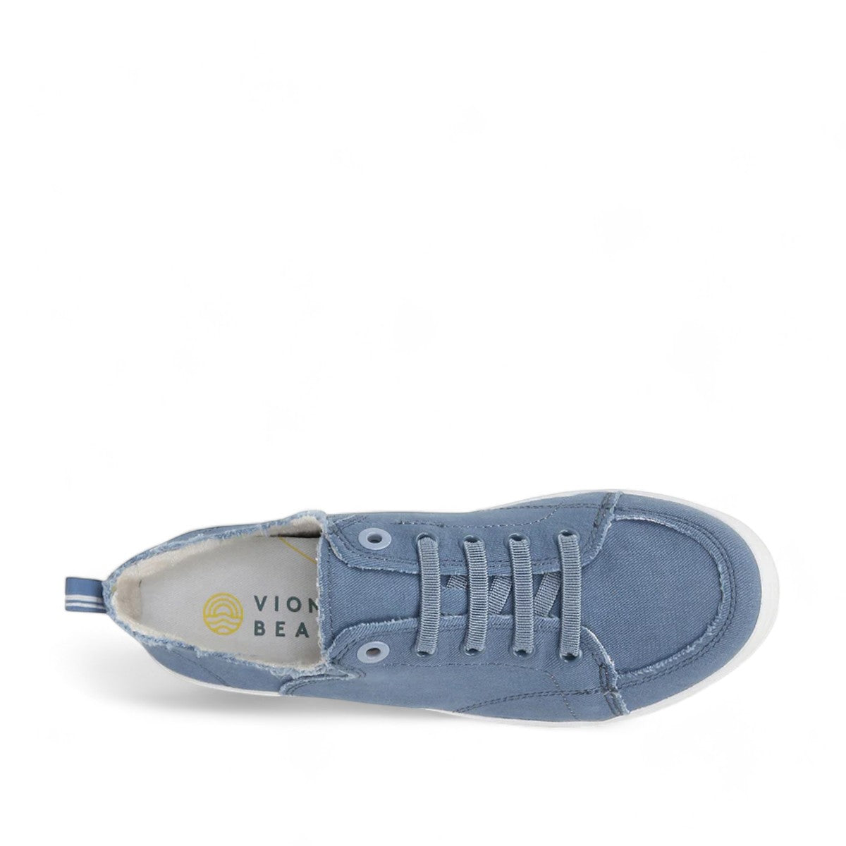 Vionic Venice Pismo skyway blue cotton canvas slip-on sneaker with frayed edges and white TPR outsole.
photo of the top side