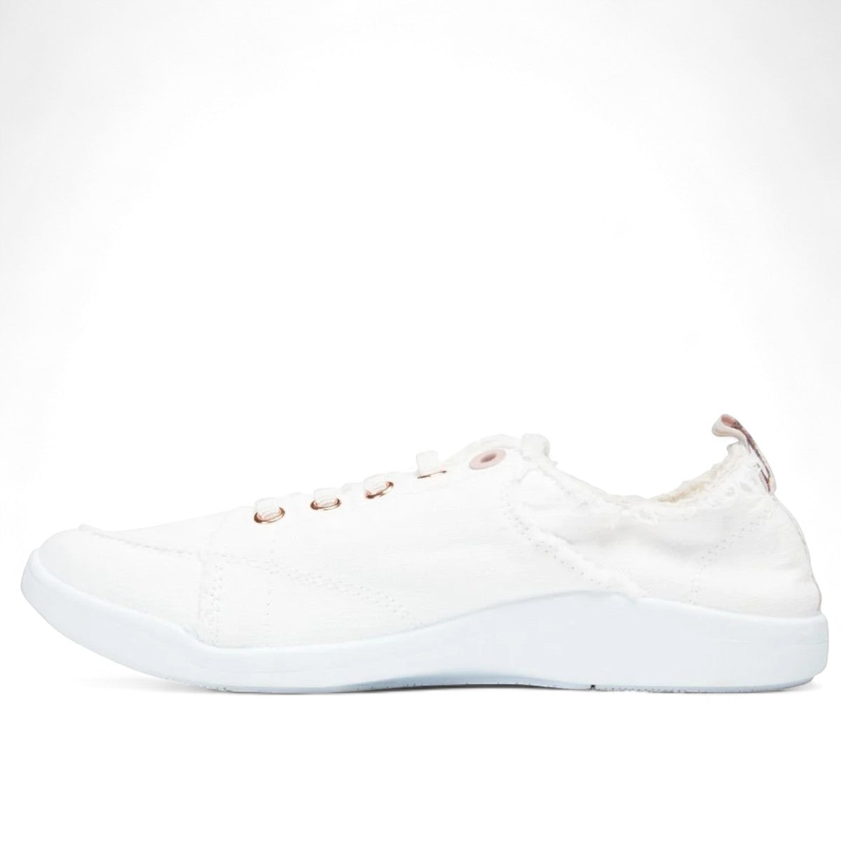Vionic Venice Pismo white vegan cotton canvas slip-on sneaker with rose gold eyelets.
photo of the left side