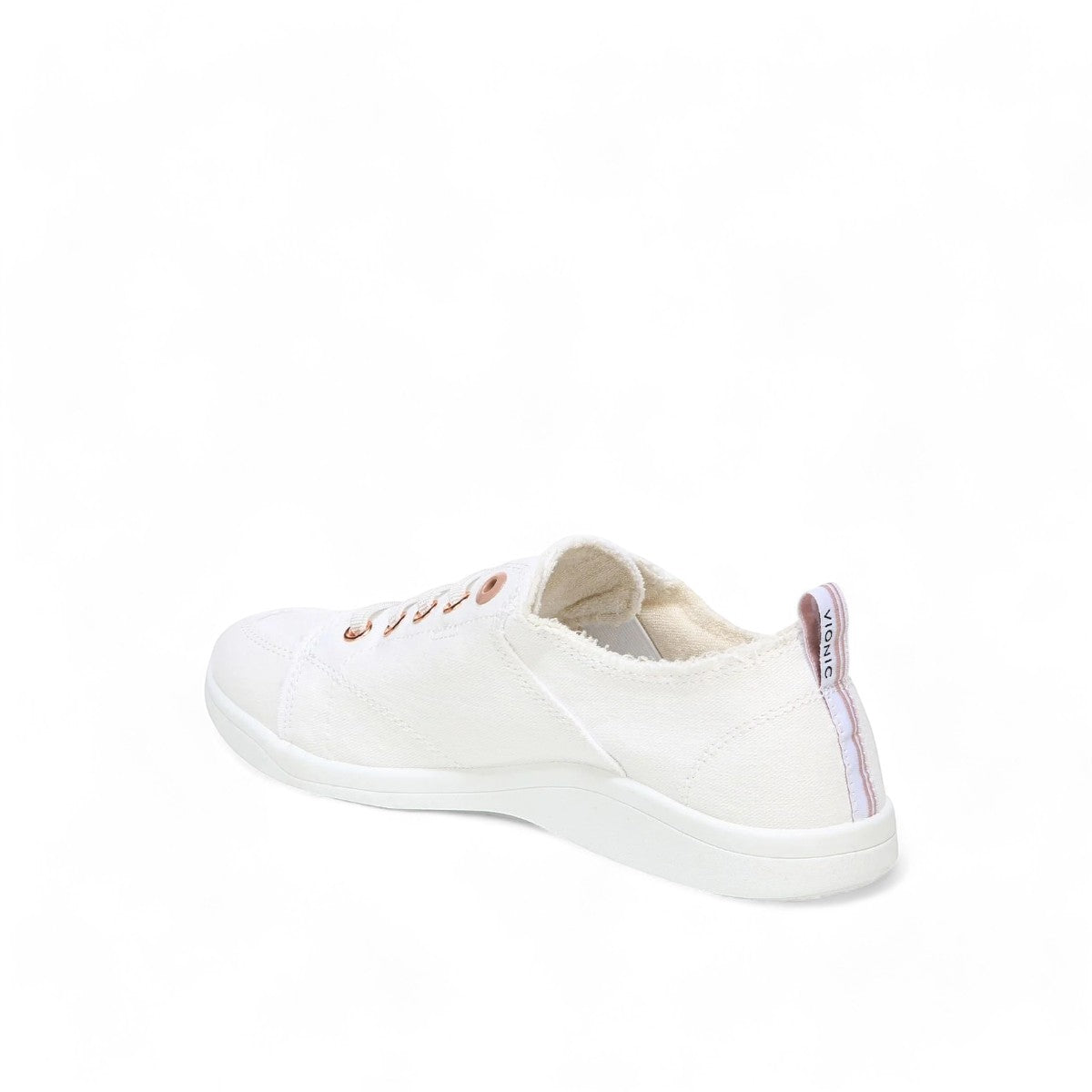 Vionic Venice Pismo white vegan cotton canvas slip-on sneaker with rose gold eyelets.
photo of the back side