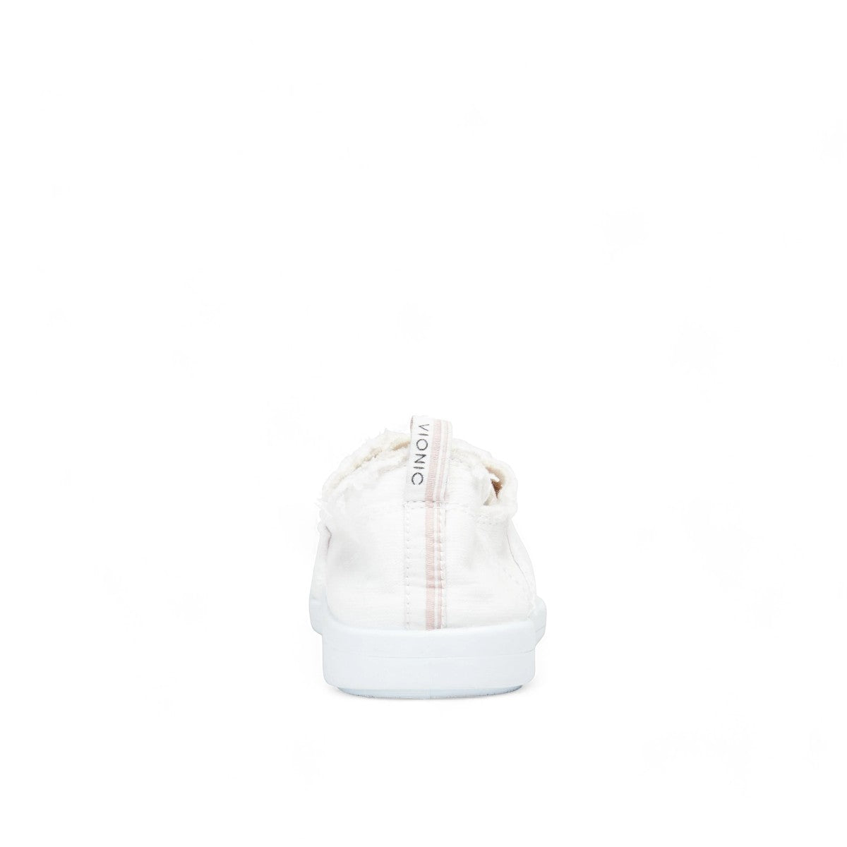 Vionic Venice Pismo white vegan cotton canvas slip-on sneaker with rose gold eyelets.
photo of the back side