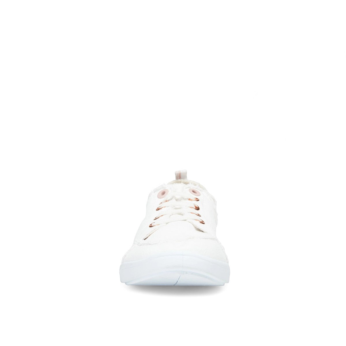 Vionic Venice Pismo white vegan cotton canvas slip-on sneaker with rose gold eyelets.
photo of the front side
