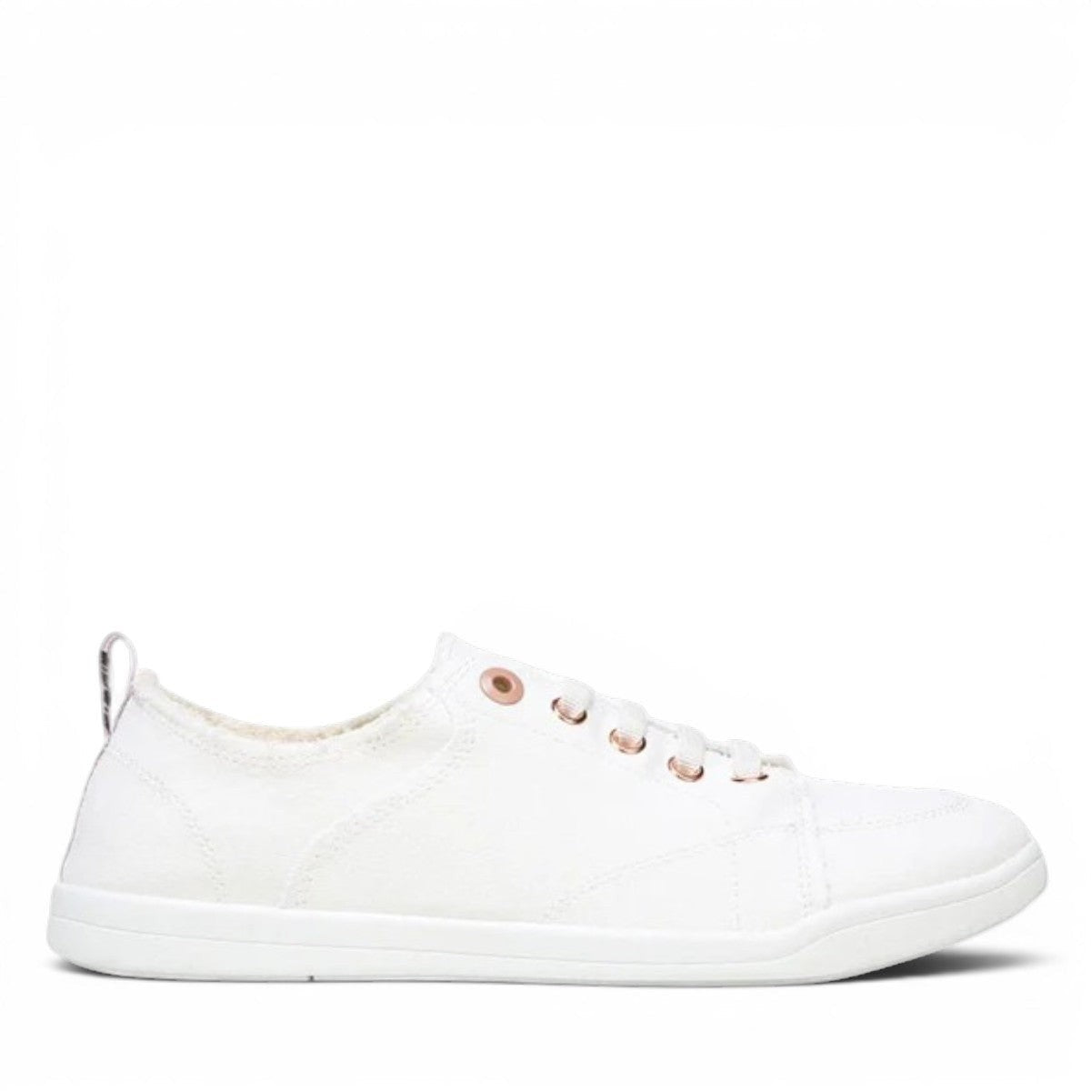 Vionic Venice Pismo white vegan cotton canvas slip-on sneaker with rose gold eyelets.
photo of the right side