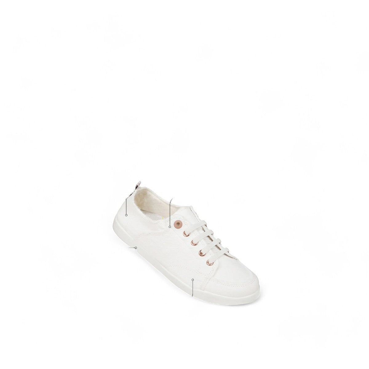 Vionic Venice Pismo white vegan cotton canvas slip-on sneaker with rose gold eyelets.
photo of the front side