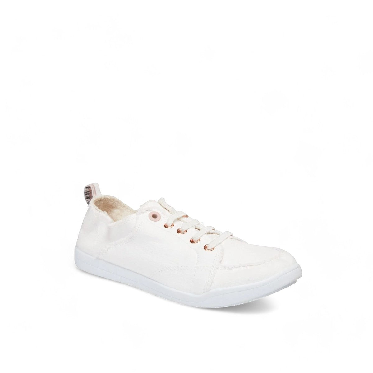 Vionic Venice Pismo white vegan cotton canvas slip-on sneaker with rose gold eyelets.
photo of the front side