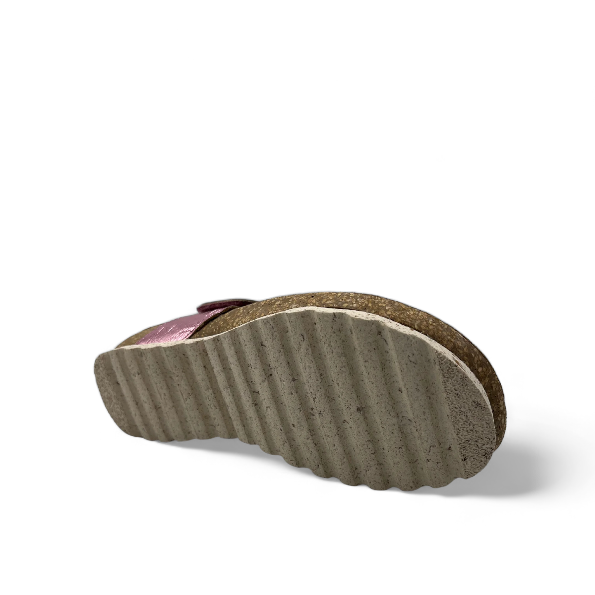 Wanda Panda Tenma Vendetta rose metallic leather toe-loop sandals with cork midsole and velcro strap. Photo of bottom view.