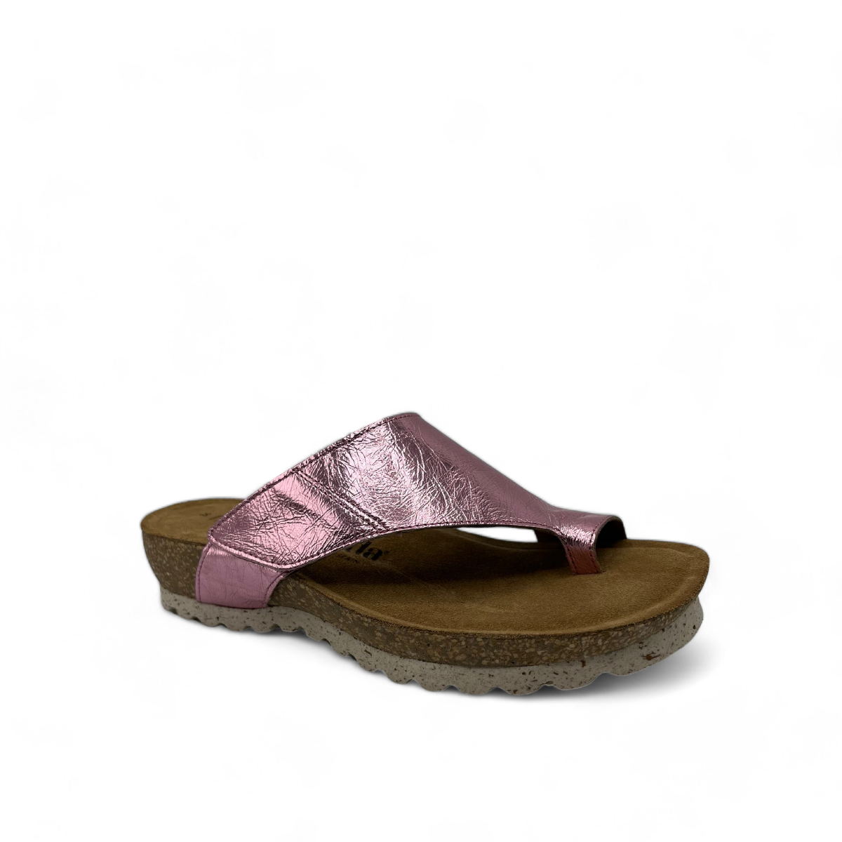 Wanda Panda Tenma Vendetta rose metallic leather toe-loop sandals with cork midsole and velcro strap. Photo of front side view.