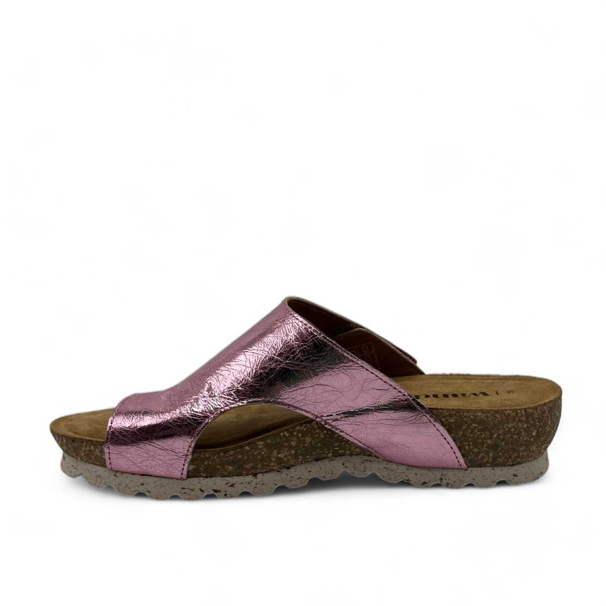Wanda Panda Tenma Vendetta rose metallic leather toe-loop sandals with cork midsole and velcro strap. Photo of left side view.