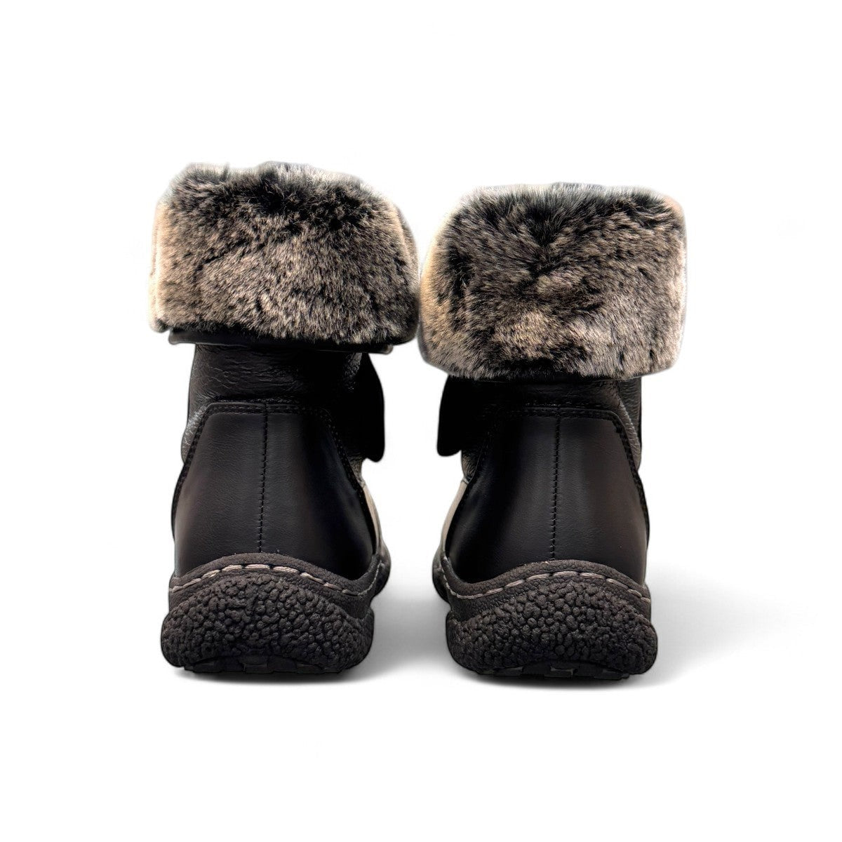 Wanderlust black waterproof winter boots with faux fur trim and adjustable velcro strap