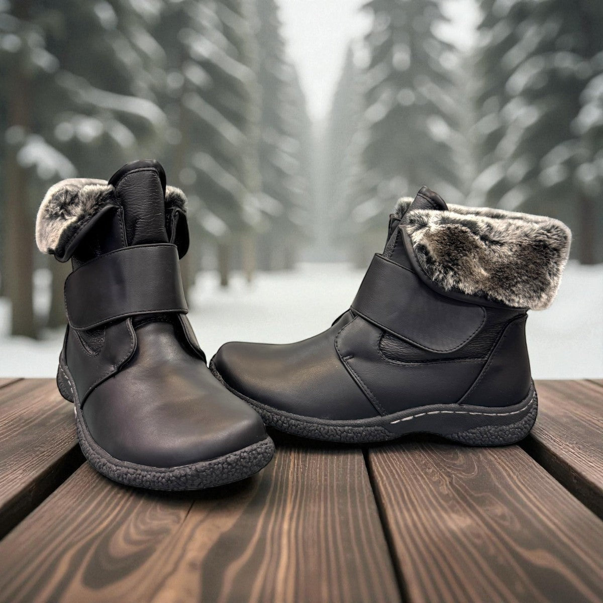 Wanderlust black waterproof winter boots with faux fur trim and adjustable velcro strap