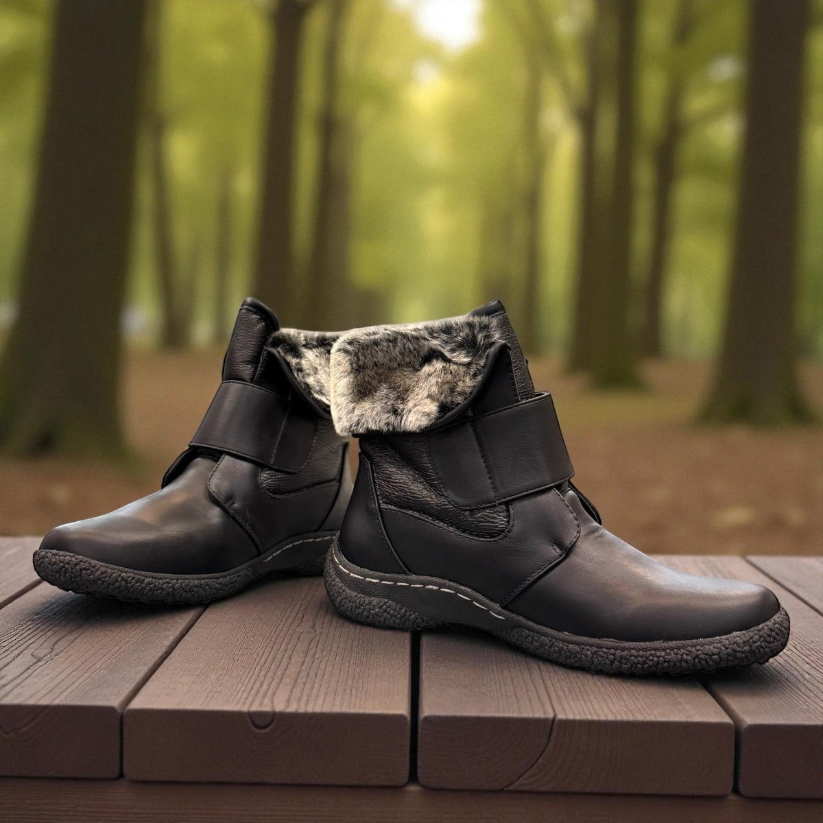 Wanderlust black waterproof winter boots with faux fur trim and adjustable velcro strap