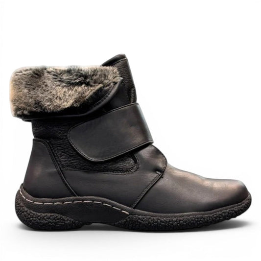 Wanderlust black waterproof winter boots with faux fur trim and adjustable velcro strap