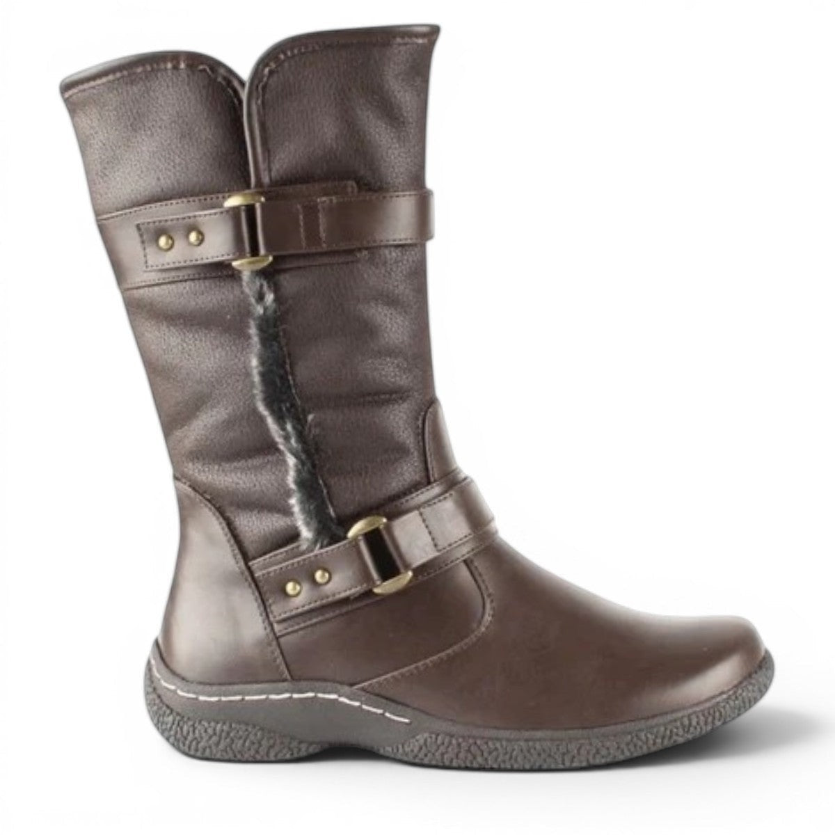Wanderlust Gabi 2 dark brown waterproof winter boot with faux fur lining and buckle strap detail.