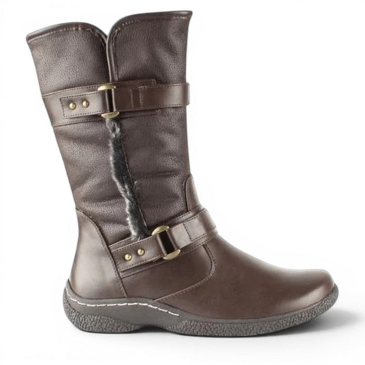 Wanderlust Gabi 2 dark brown waterproof winter boot with faux fur lining and buckle strap detail.