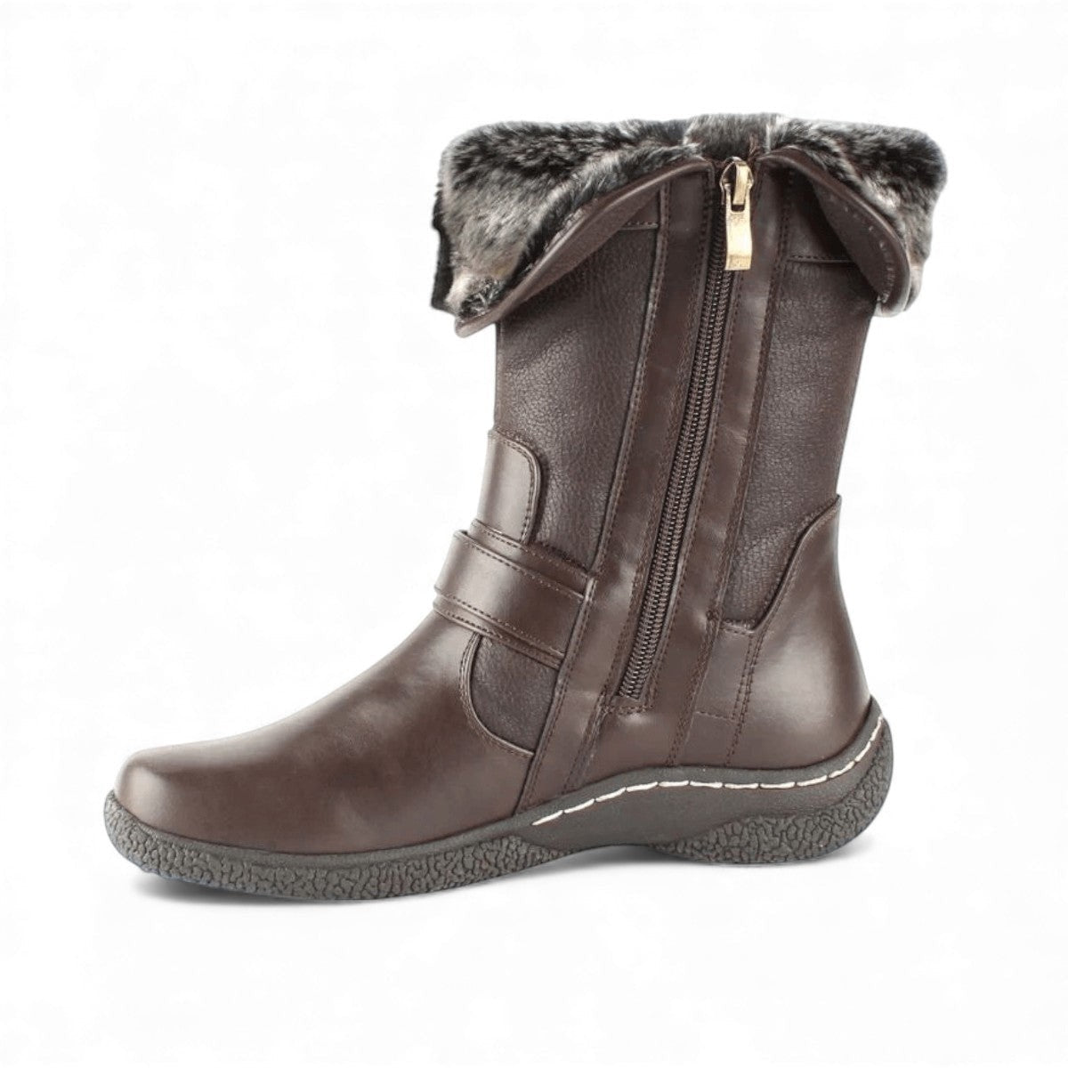 Wanderlust Gabi 2 dark brown waterproof winter boot with faux fur lining and buckle strap detail.