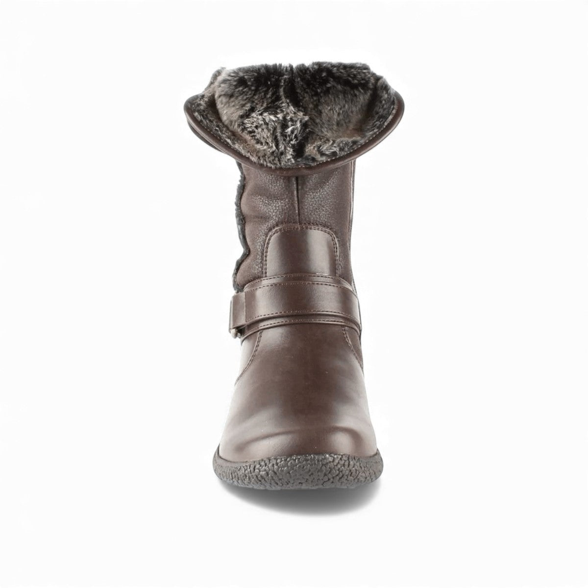 Wanderlust Gabi 2 dark brown waterproof winter boot with faux fur lining and buckle strap detail.