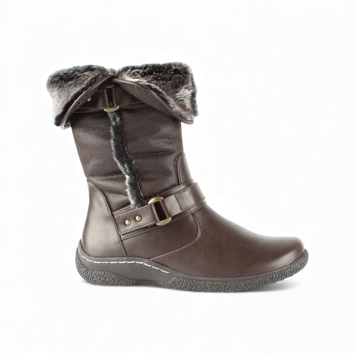 Wanderlust Gabi 2 dark brown waterproof winter boot with faux fur lining and buckle strap detail.