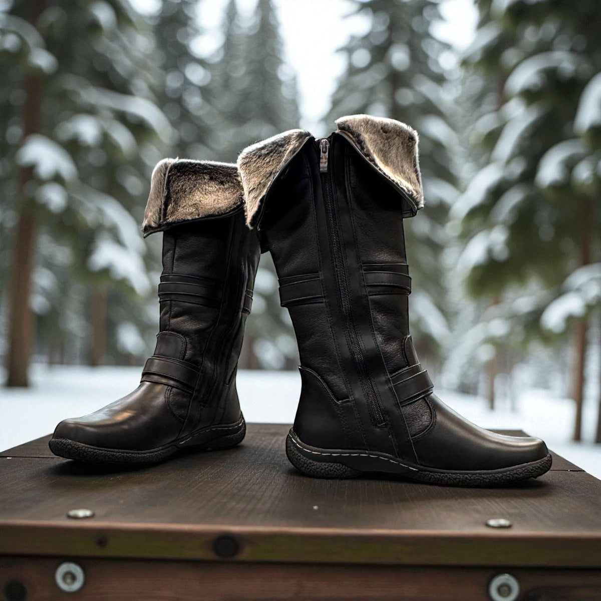 Wanderlust Gabrielle 2 black waterproof tall winter boots with buckle straps and plush lining