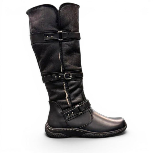 Wanderlust Gabrielle 2 black waterproof tall winter boots with buckle straps and plush lining