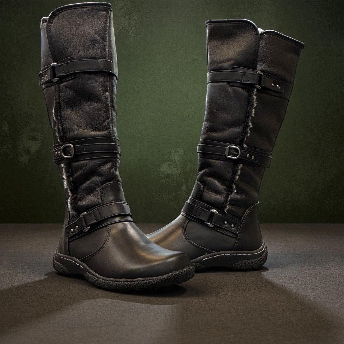 Wanderlust Gabrielle 2 black waterproof tall winter boots with buckle straps and plush lining