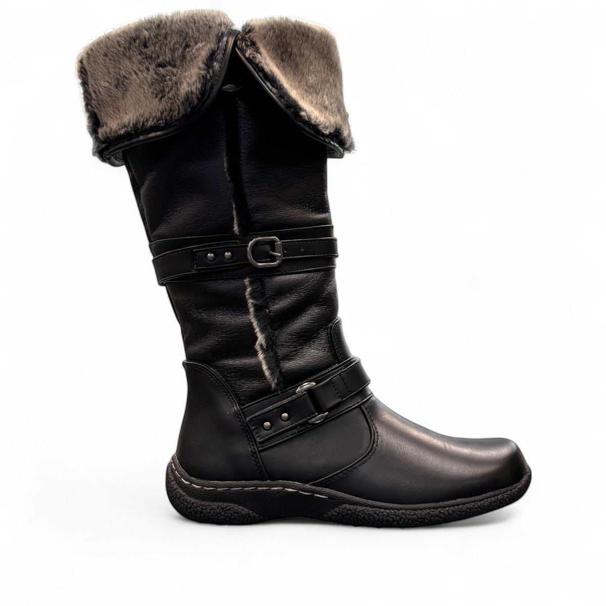Wanderlust Gabrielle 2 black waterproof tall winter boots with buckle straps and plush lining