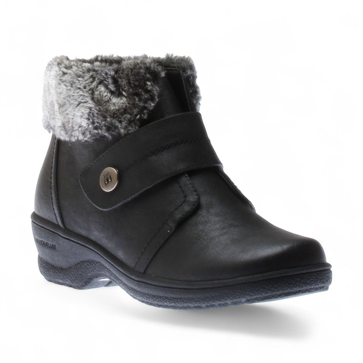 Wanderlust Perth black waterproof winter boot with plush faux fur collar and velcro strap