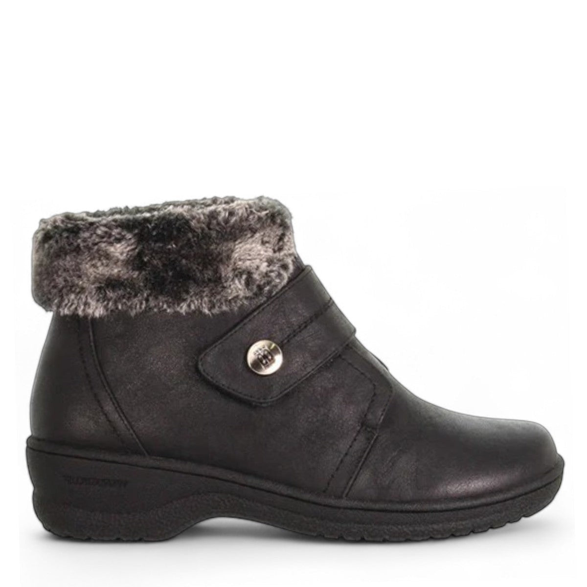 Wanderlust Perth black waterproof winter boot with plush faux fur collar and velcro strap