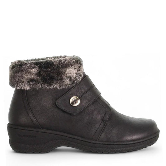 Wanderlust Perth black waterproof winter boot with plush faux fur collar and velcro strap