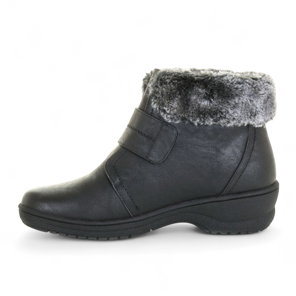 Wanderlust Perth black waterproof winter boot with plush faux fur collar and velcro strap