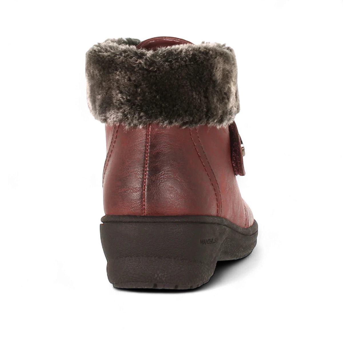Wanderlust burgundy vegan winter boot with plush faux fur collar, velcro strap, and weather-resistant outsole.