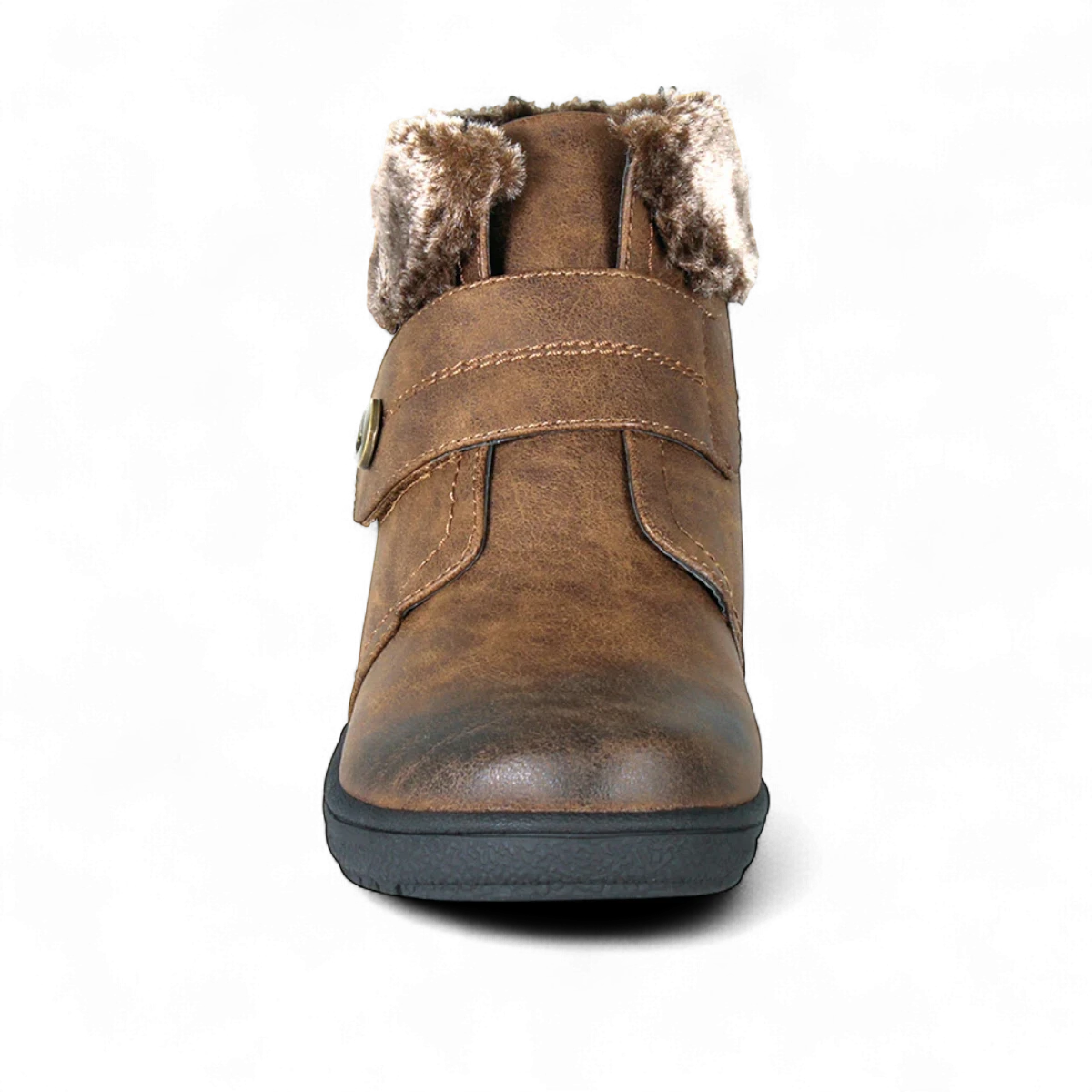 Wanderlust Perth vegan winter boot in dark tan with plush faux fur collar and velcro strap.
photo of the front side
