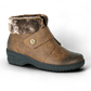 Wanderlust Perth vegan winter boot in dark tan with plush faux fur collar and velcro strap.
photo of the front side