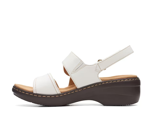 Clarks Merliah Opal white leather wedge sandals with adjustable straps and cushioned insole. left view.