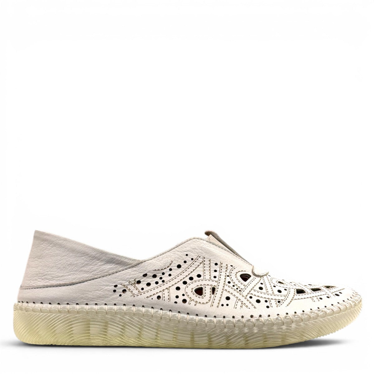 wonder-metadata-S5552 white leather slip-on shoe with intricate laser-cut patterns and a flexible cushioned sole.
photo of the right side